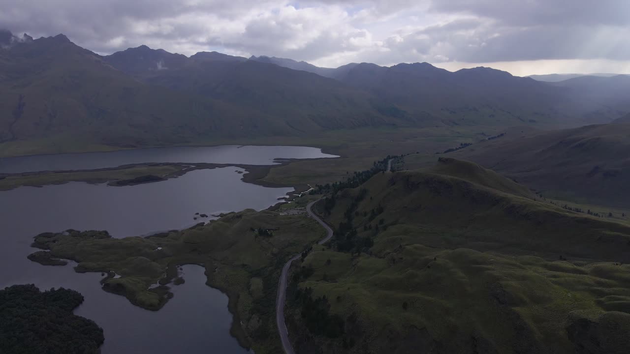 Aerial top down shot showing beautiful lagoons in Sangay National Park with idyllic landscape during clouds at sky. Chimborazo,Ecuador.