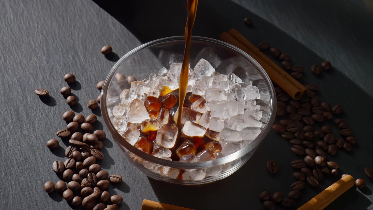 Un chorro de café oscuro se vierte en un cuenco de cristal transparente lleno de cubitos de hielo sobre una mesa oscura, visto desde arriba. Granos de café están esparcidos alrededor