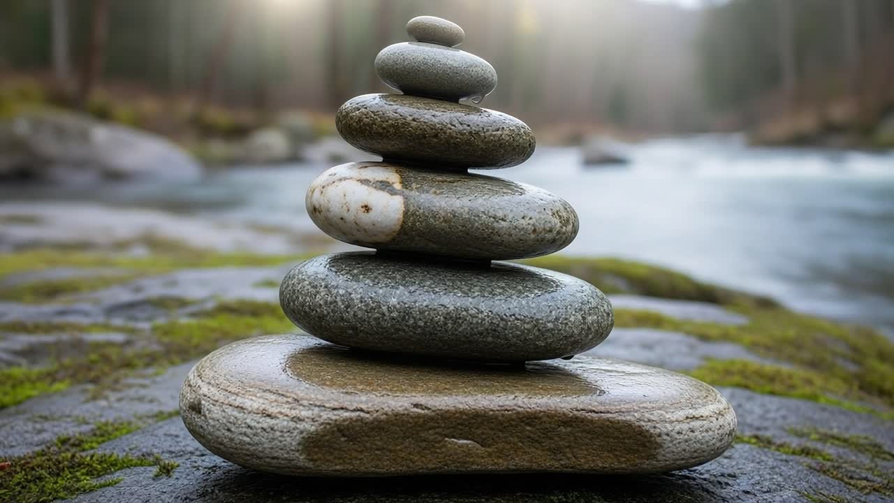 Serene Balance: A Tranquil Stack of Smooth Stones on a Riverbank Surrounded by Nature's Beauty, Capturing Peace and Harmony in Every Layer