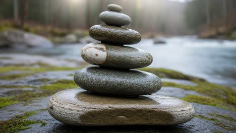 Serene Balance: A Tranquil Stack of Smooth Stones on a Riverbank Surrounded by Nature&#039;s Beauty, Capturing Peace and Harmony in Every Layer
