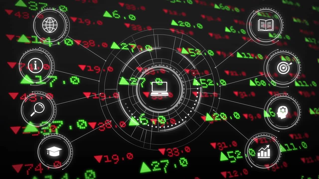 Scrolling tickers starting laptop spinning as rings growing and spokes linking side icons for data