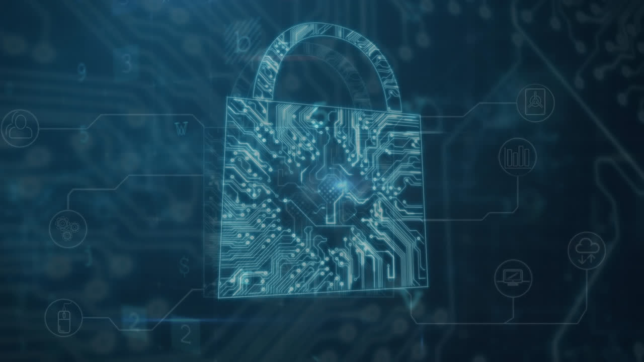 Animation of security padlock and data processing on dark background