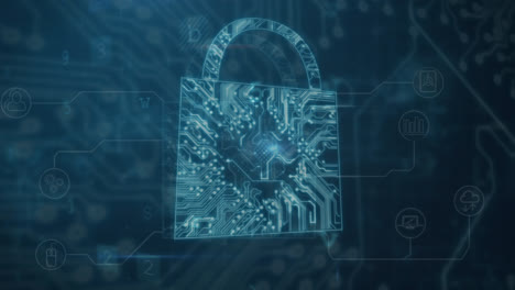 animazione del lucchetto di sicurezza e elaborazione dei dati su sfondo scuro