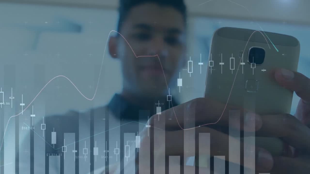 animación de estadísticas y procesamiento de datos financieros sobre el hombre utilizando teléfonos inteligentes