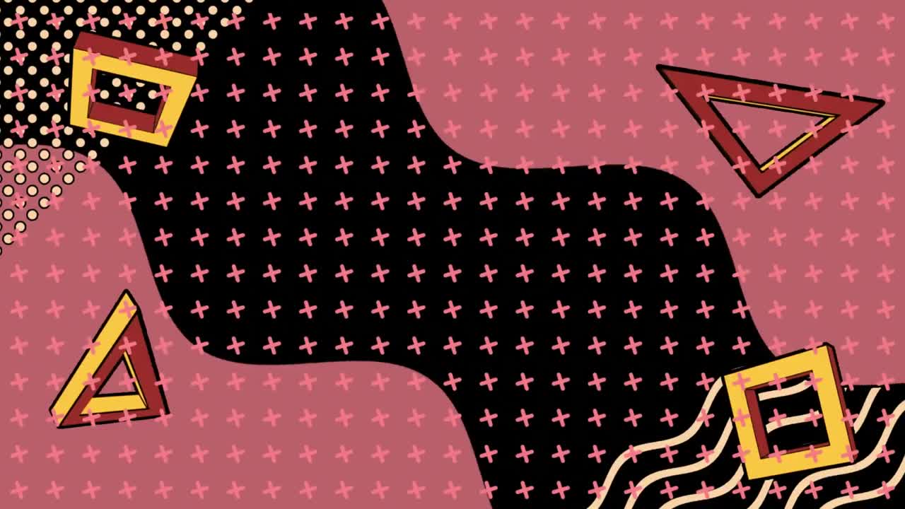 검은 바탕에 회전하는 삼각형, 파동, 십자가 및 추상적인 모양의 애니메이션