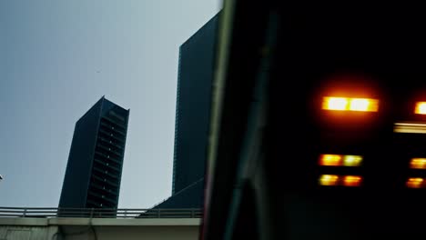 modern city skyline and train lights at night