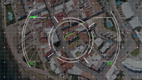 Targeting animation over aerial view of residential area with grid and data points