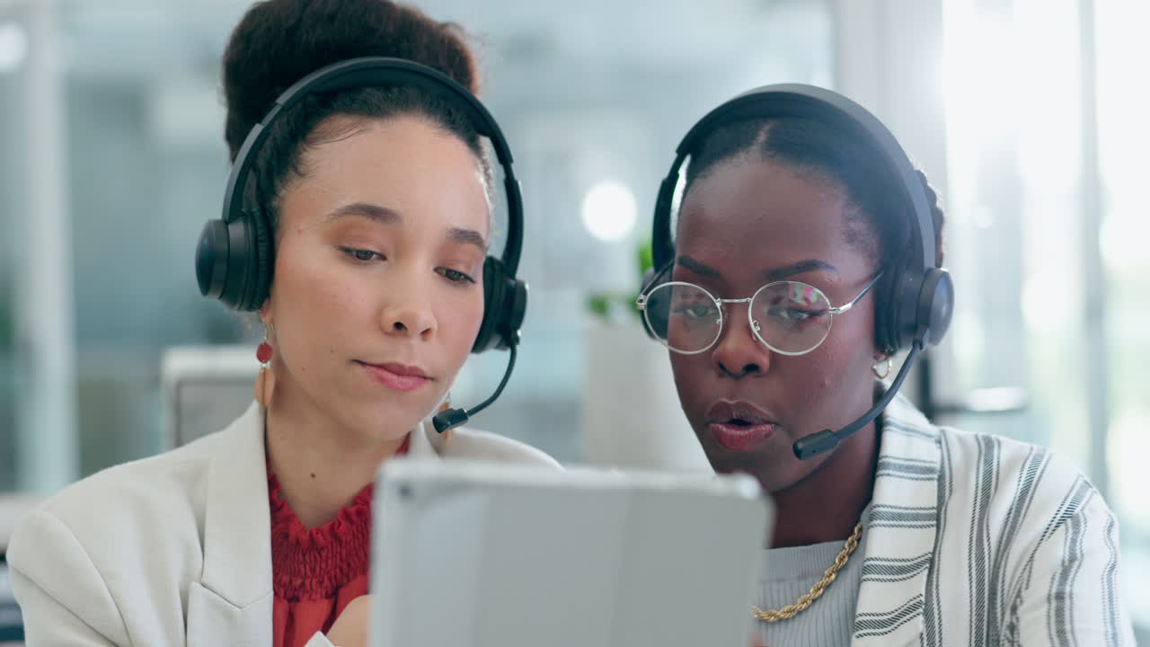 Woman, tablet and call center teamwork