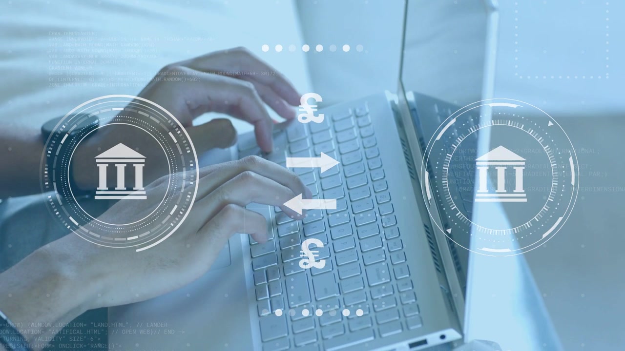 Man pressing keys on laptop on bed, initiating finance HUD cycling currency and reversing arrows