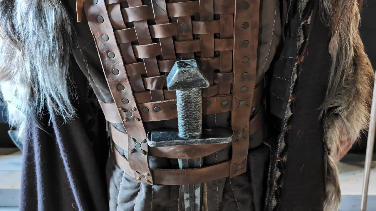 espada vikinga en un maniquí recreado históricamente exacto - de cerca