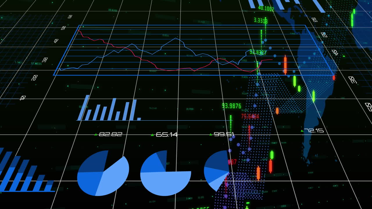 Animation of financial and statistical data processing over world map against black background