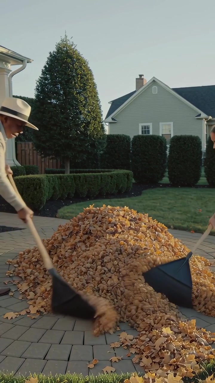 Vertical video: Approaching pile owners raking leaves on paved patio with scoops to bag
