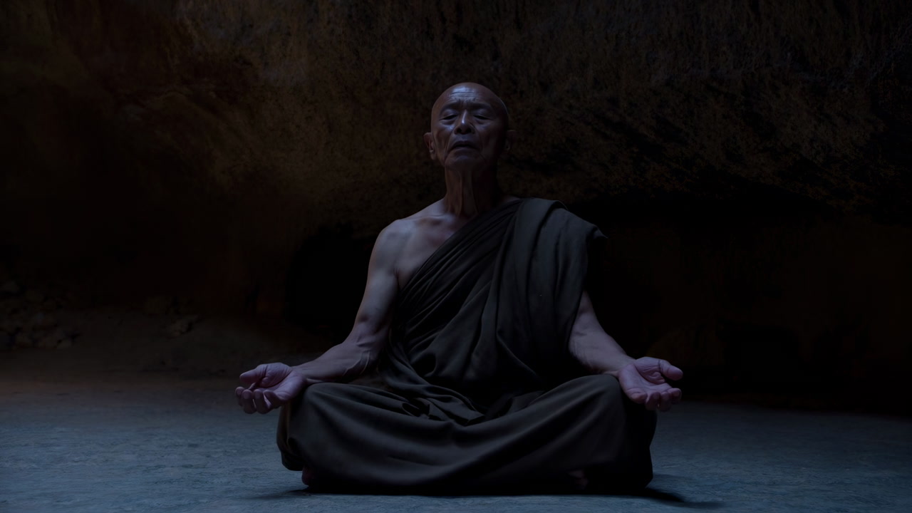 Asian Monk Meditating In Dim Cave, Elderly Monk Sits Crosslegged In Traditional Robe, Hands In Mudra, Eyes