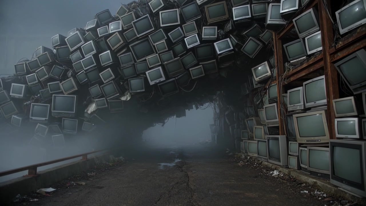 Telecamera in movimento che rivela televisori CRT impilati a formare un arco sopra una strada crepata nella nebbia, esponendo un varco.