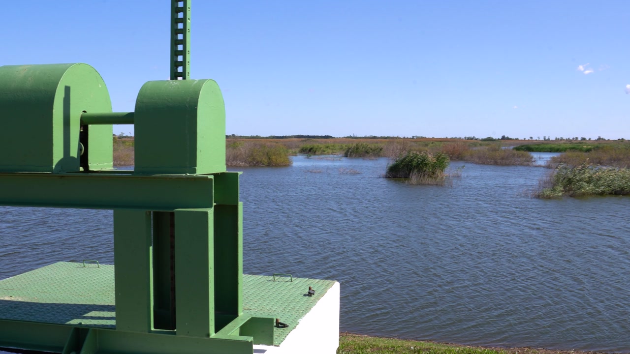 Water gate mechanism managing flow in wetland system on sunny day