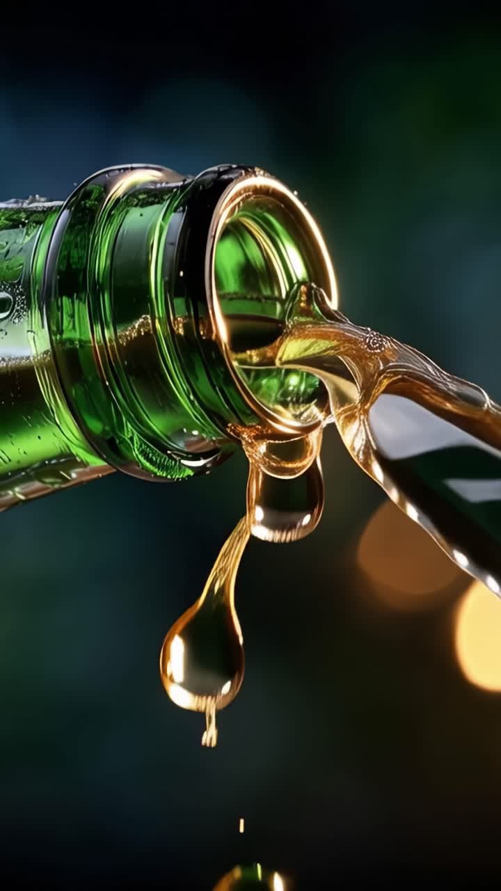 Nærbillede af flaskevæske, der hældes og bobler med fængslende bobler og grønt glas, der reflekterer lys i en smuk abstrakt komposition