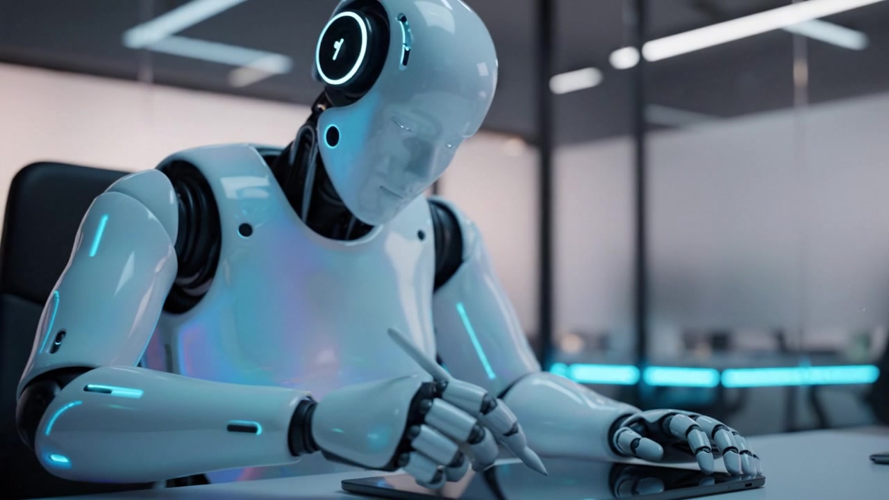Robot avanzati mostrano creatività digitale mentre interagiscono con i tablet, fondendo tecnologia e arte attraverso gesti ipnotizzanti ed elementi di design futuristici.