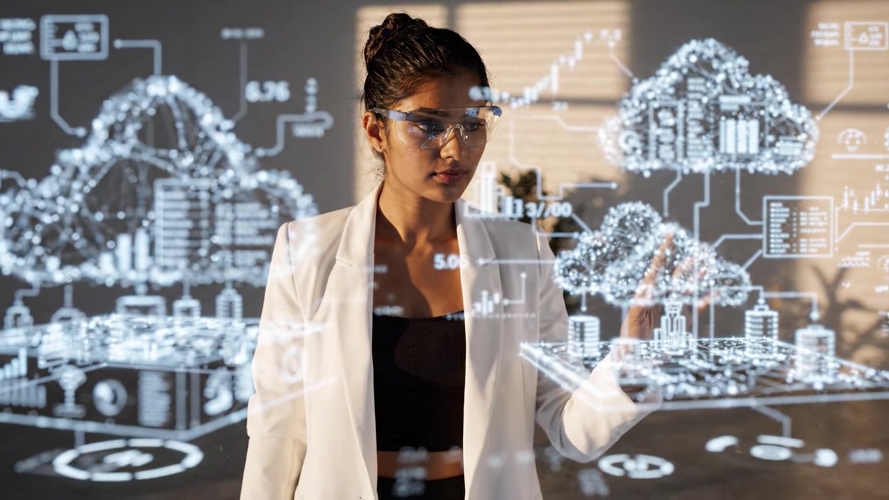 Innovative Researcher Engages with Interactive Technology and Data Visualization in a Modern Workspace, Merging Professionalism with Futuristic Insights