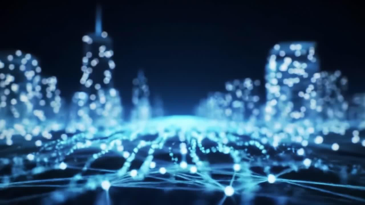 A Futuristic Cityscape: Dynamic Digital Network Visualization with Glowing Nodes and Abstract Structures Representing a High-Tech Urban Environment