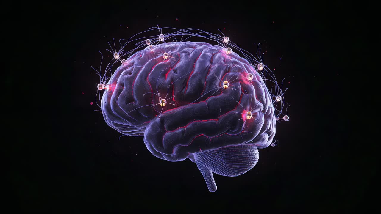 Rotating 3D purple clear brain revealing cortical nodes, thin arcs pulsing red paths in med render