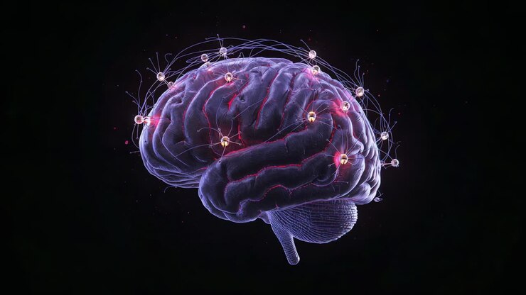 Rotating 3D purple clear brain revealing cortical nodes, thin arcs pulsing red paths in med render
