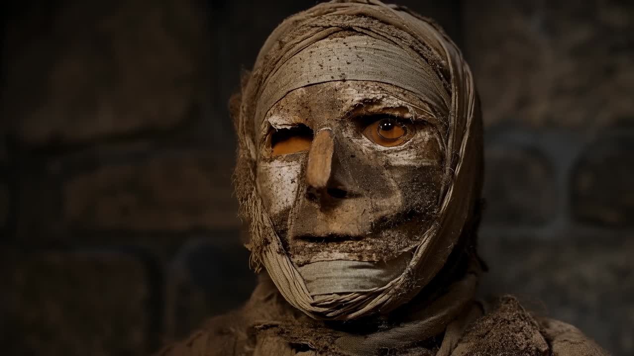Maschera incrinata che si sposta a destra dopo aver visto un movimento fuori campo in una cella di pietra, rivelando bende
