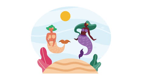 dos hermosas sirenas de cuento de hadas animación interracial