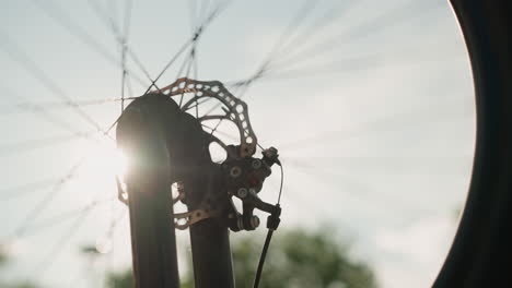 close-up of bicycle wheel rotating at varying speeds, with sunlight creating a captivating effect around the wheel, the gentle blur of the background enhances the dynamic feel