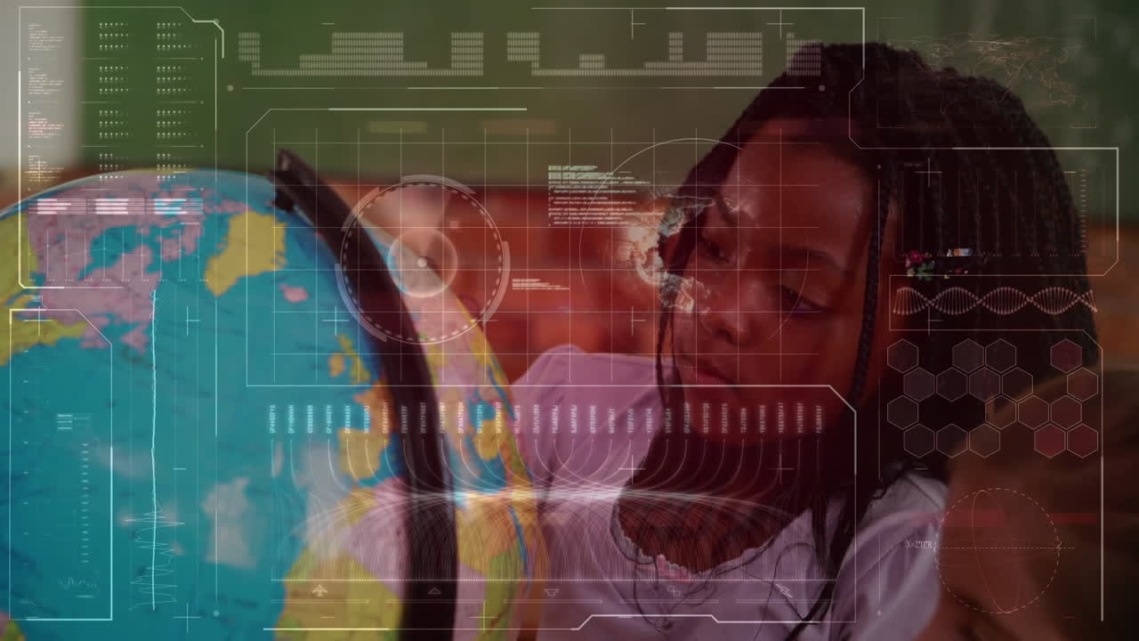 Animation of data processing over schoolchildren looking at globe in class