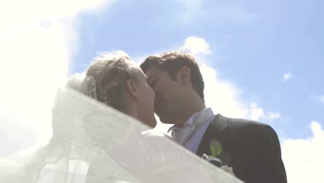 bride and groom kissing each other outside on a sunny day