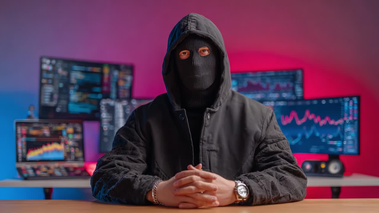 Mysterious Individual in Hooded Jacket Analyzing Market Trends with Advanced Technology in a Stylish, Colorful Office Setting
