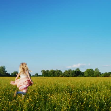 Ein-6-jähriges-Mädchen-In-Einem-Rosa-Kleid-Läuft-Mit-Gelben-Blumen-über-Das-Feld-1