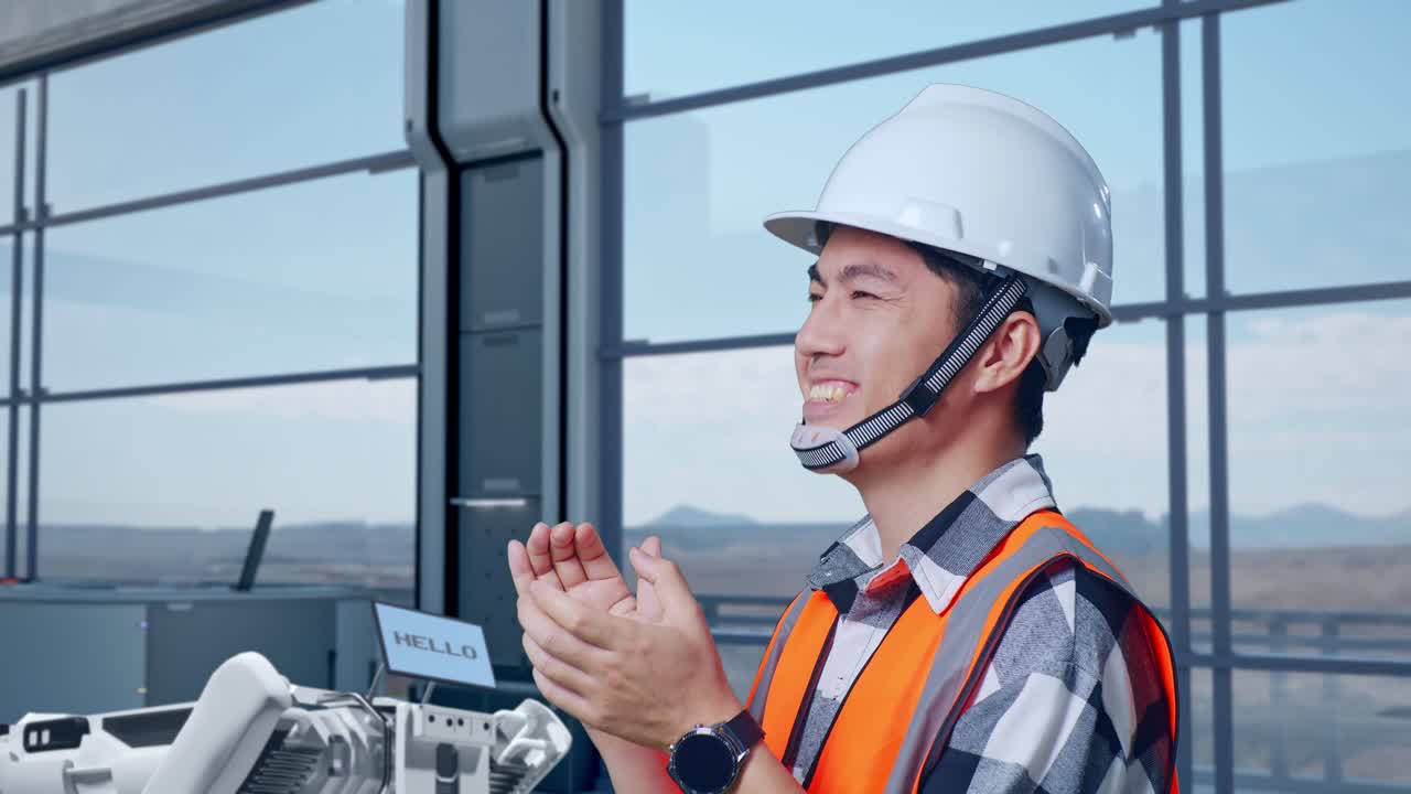 안전 헬을 입은 아시아 남성 엔지니어가 하이테크 공장에서 로 기계 개념을 분석하며 카메라에 미소 짓고 박수를 치고 있습니다.