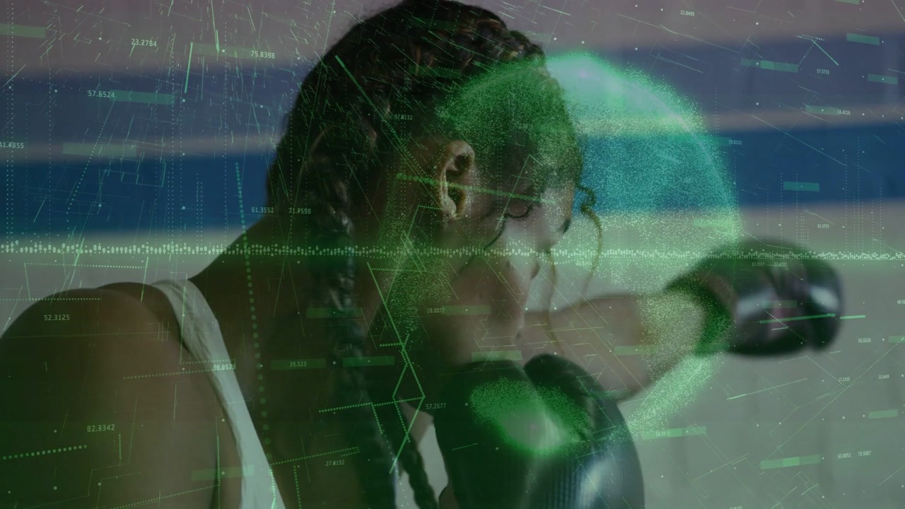Vertical video: Female boxer shifting weight, jabbing with gloves for fitness, green HUD tracking