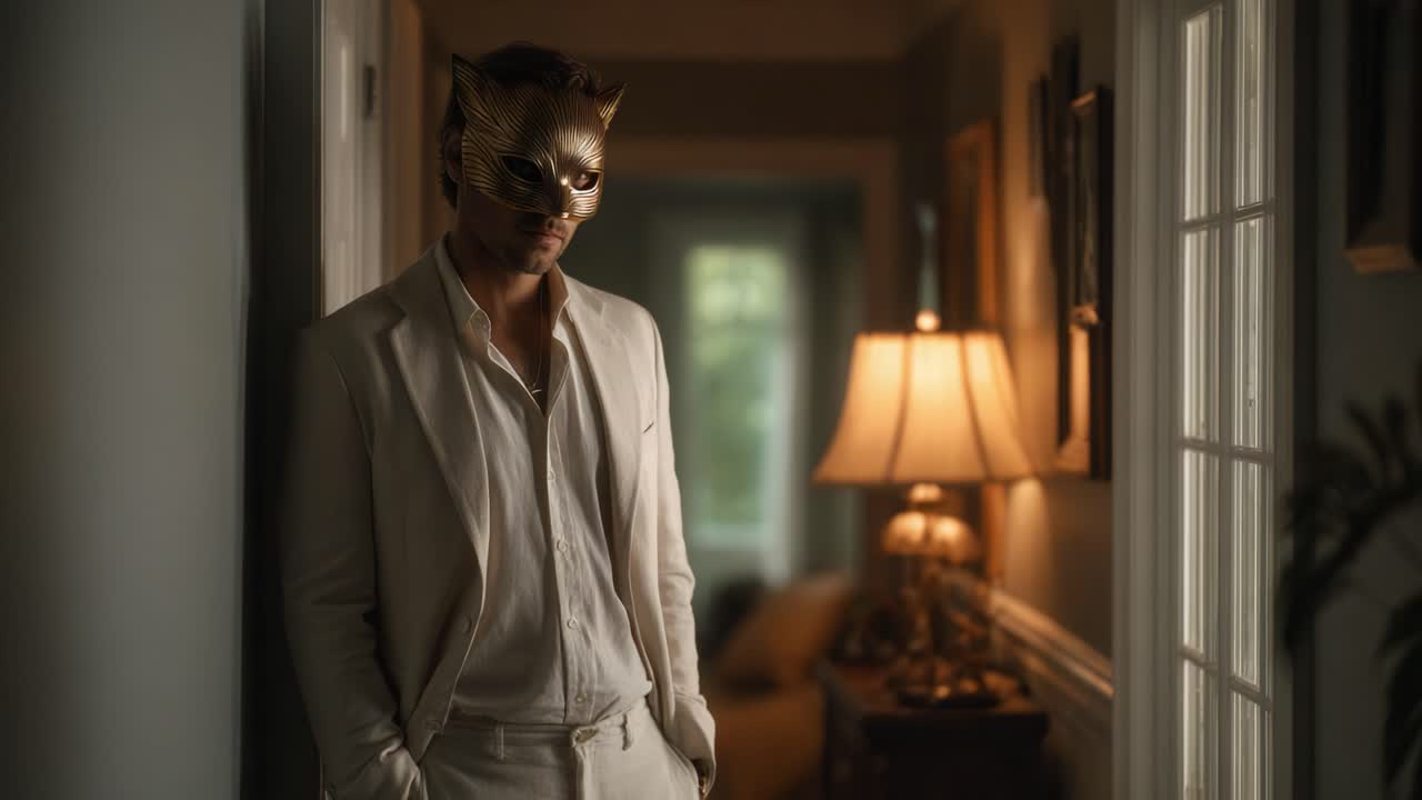 A Mysterious Figure in a Golden Mask Stands Elegantly in a Dimly Lit Hallway, Creating an Intriguing Atmosphere of Anticipation and Enigma