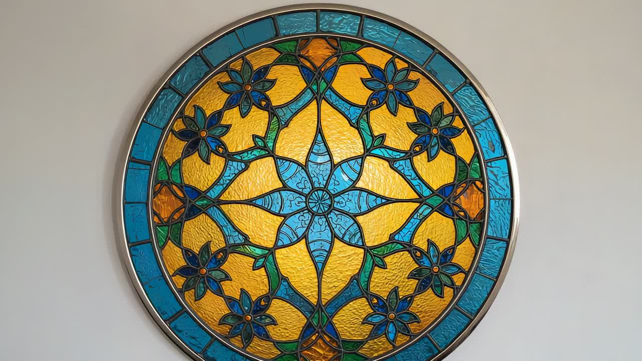 Panning camera after stillness highlighting lower stained glass panel at home, with vine details