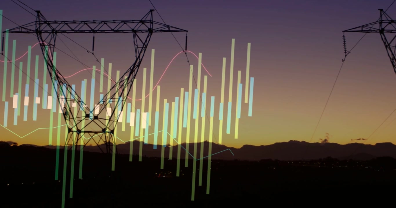 Bar visualizer emerging left edge rising spreading over steel tower silhouette showing grid data