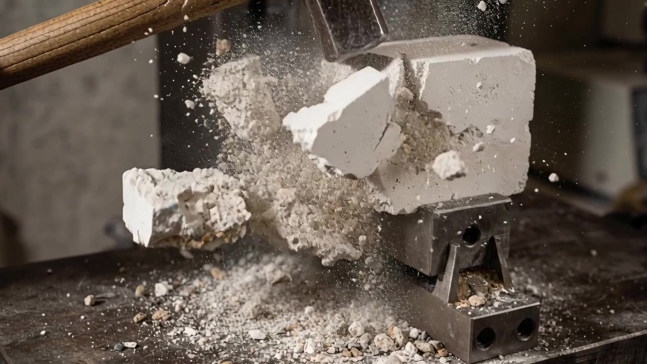 Hammering wooden handle hammer striking white brittle block clamped in workshop vise