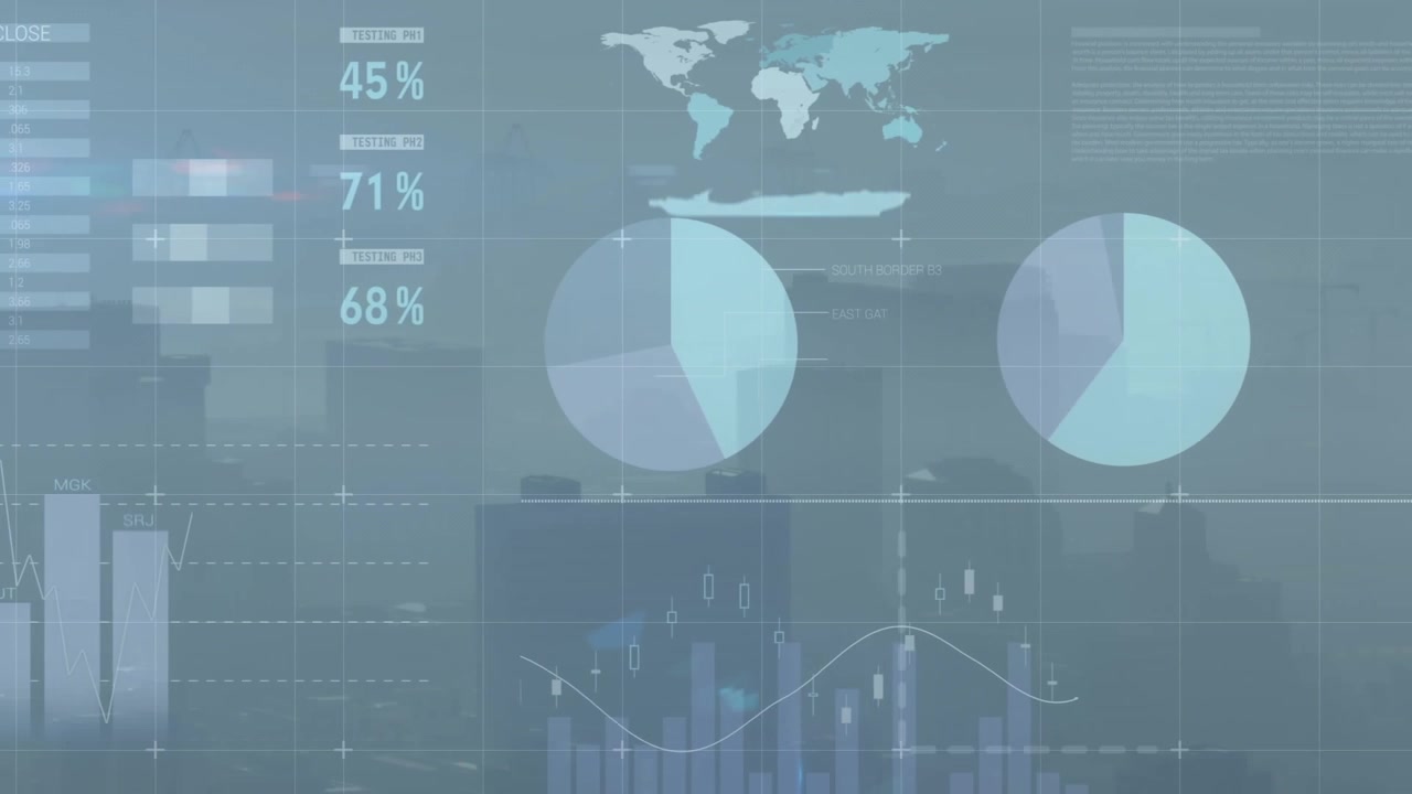 Animation of infographic interface over fog covered modern cityscape against sky