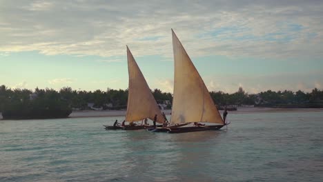 Exóticos-Y-Hermosos-Veleros-Dhow-Navegan-Por-Un-Río-O-El-Océano-En-Zanzíbar,-Tanzania,-África