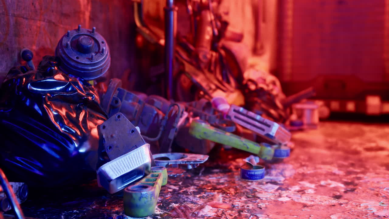 Urban decay depicted through scattered debris and vibrant lighting effects