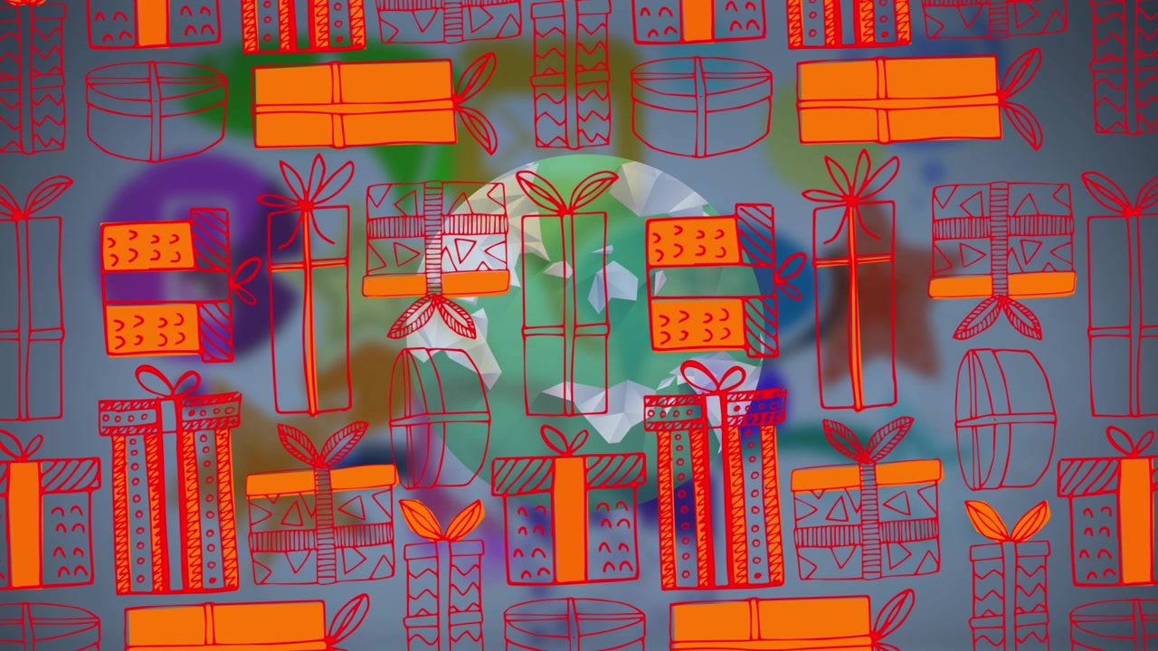 Animated Gift Boxes Pattern Over Rotating Globe Background