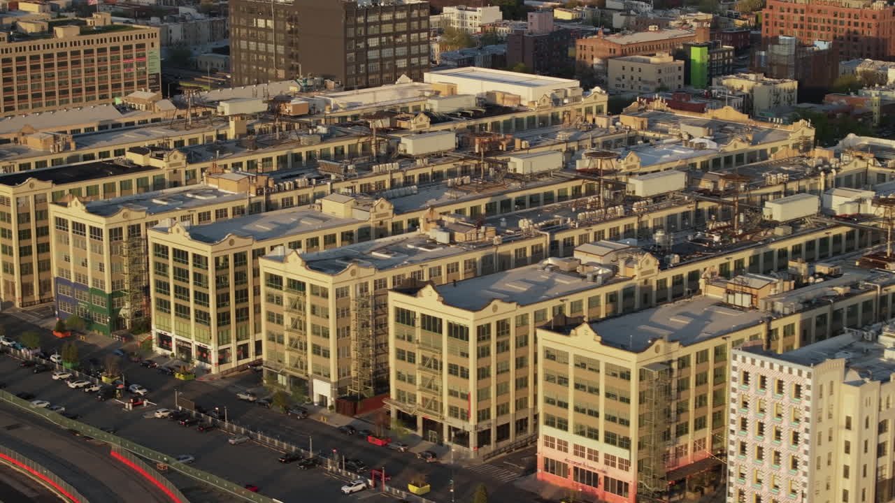 Aerial view of Industry City at sunset. Shot at dusk in Brooklyn.