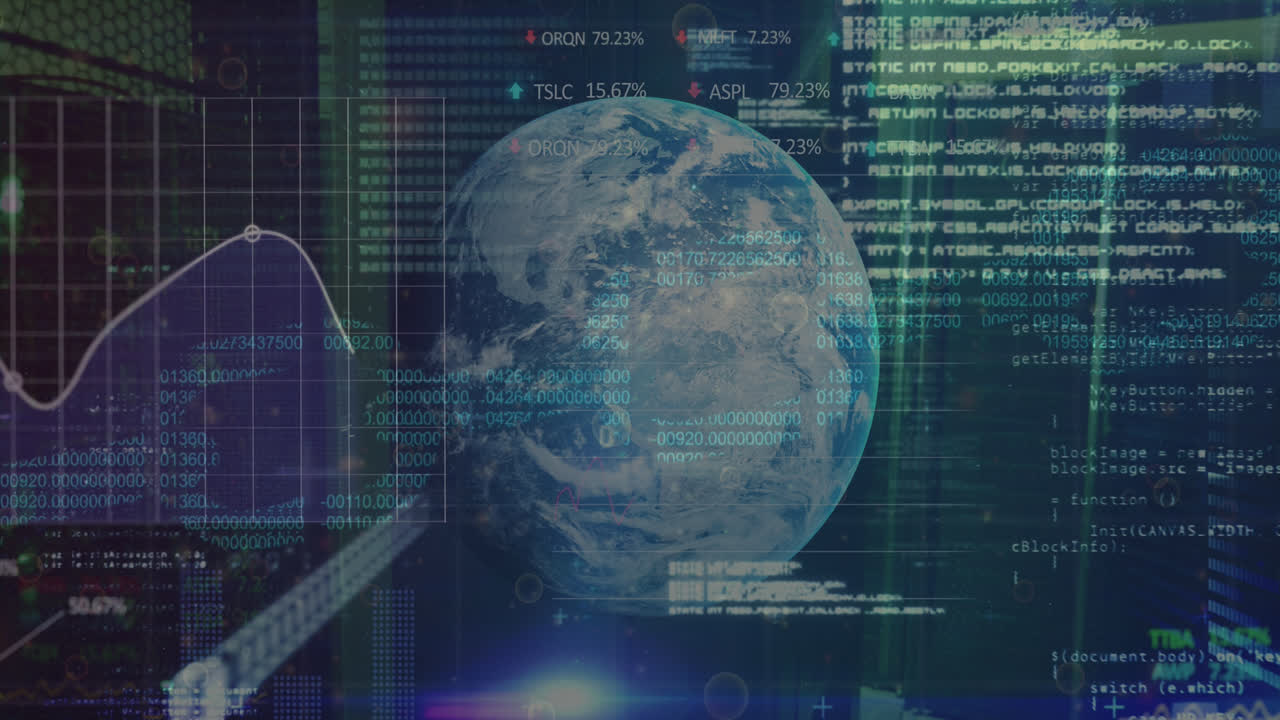 Animation of data processing and globe over server room