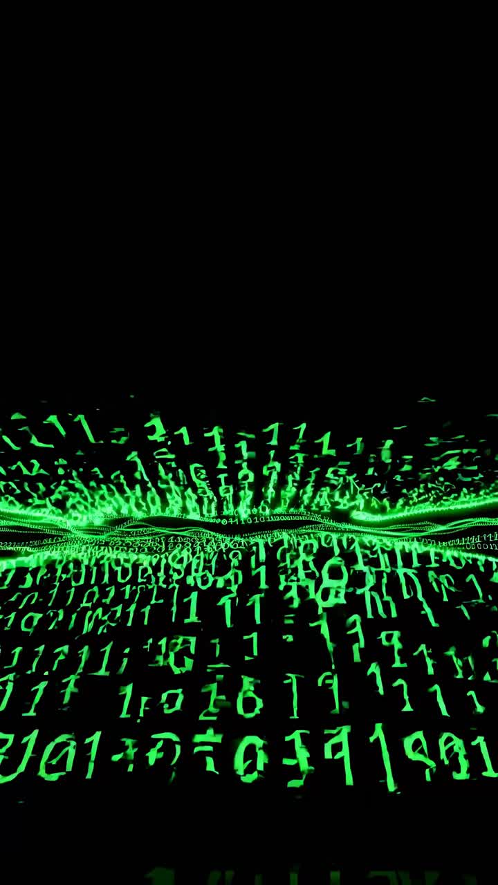 Low-angle shot of green digital code cascading down a black background, resembling a futuristic