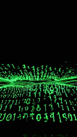 low-angle shot of green digital code cascading down a black background, resembling a futuristic