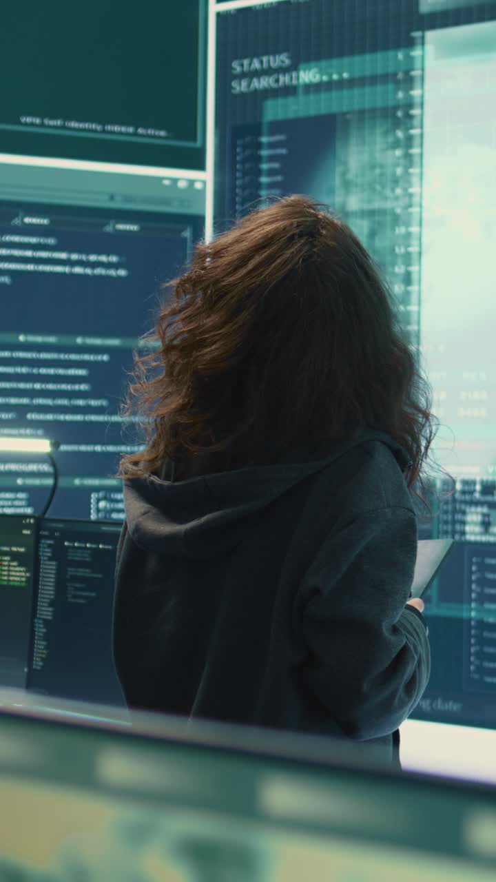 Female Programmer Analyzing Data in High-Tech Control Room