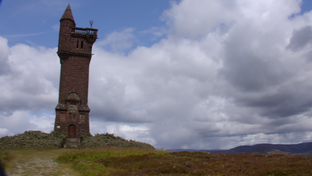 Wide panning shot of the hills and mountains and sky in the Scottish countryside at angus glens and Glen Clova Valley