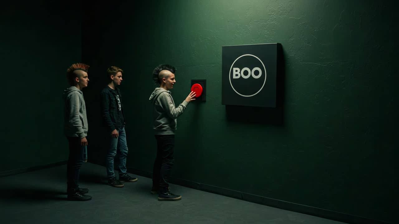 Three Engaging Youths with Punk Hairstyles Interact with a Mysterious Wall Button in a Dimly Lit Room, Creating a Scene Full of Anticipation and Adventure