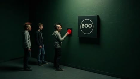 three engaging youths with punk hairstyles interact with a mysterious wall button in a dimly lit room, creating a scene full of anticipation and adventure